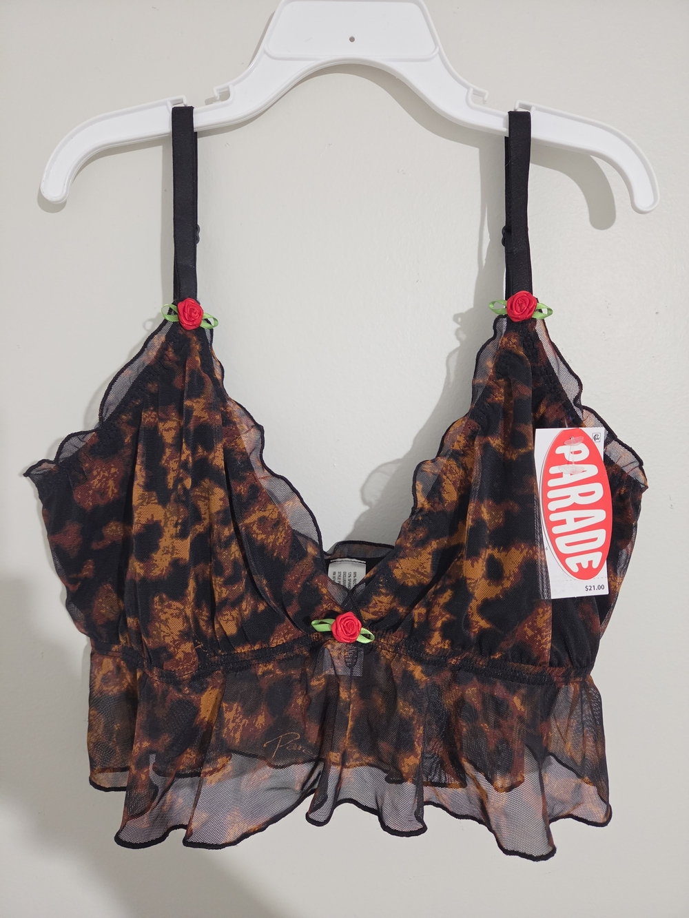 Parade Leopard Print Silky Mesh Flutter Longline Bralette NWT, size M & L
